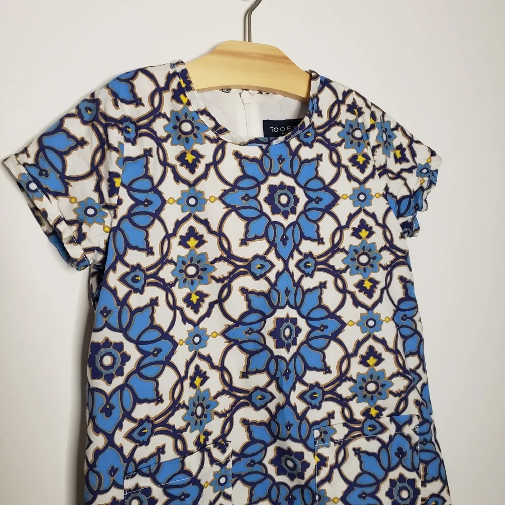 Toobydoo New York 4 Toddler Girl Blue Tile Print Short Sleeve Shift Dress